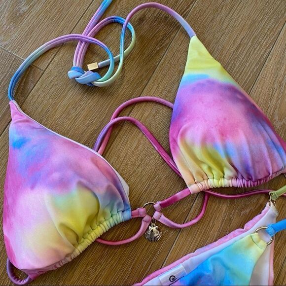 NWT-PLUMERIA Tie Dye/Unicorn “Ariel” High Cut Leg Light Padding Top Bikini - Picture 5 of 13